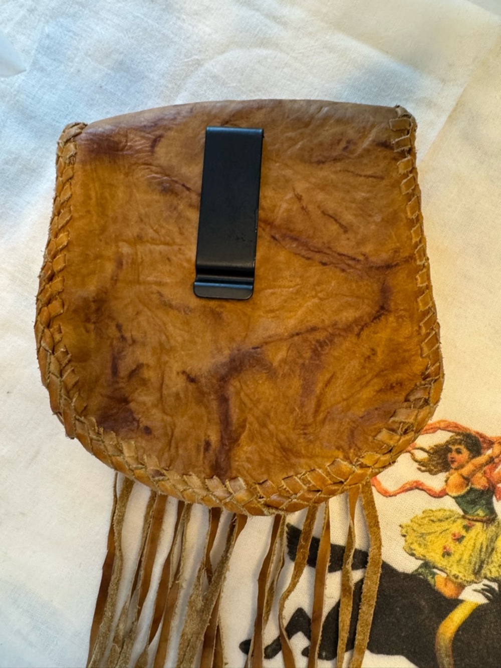 Handcrafted Brown Leather Fringe Belt Bag with Beaded Medallion - Picture 3 of 3